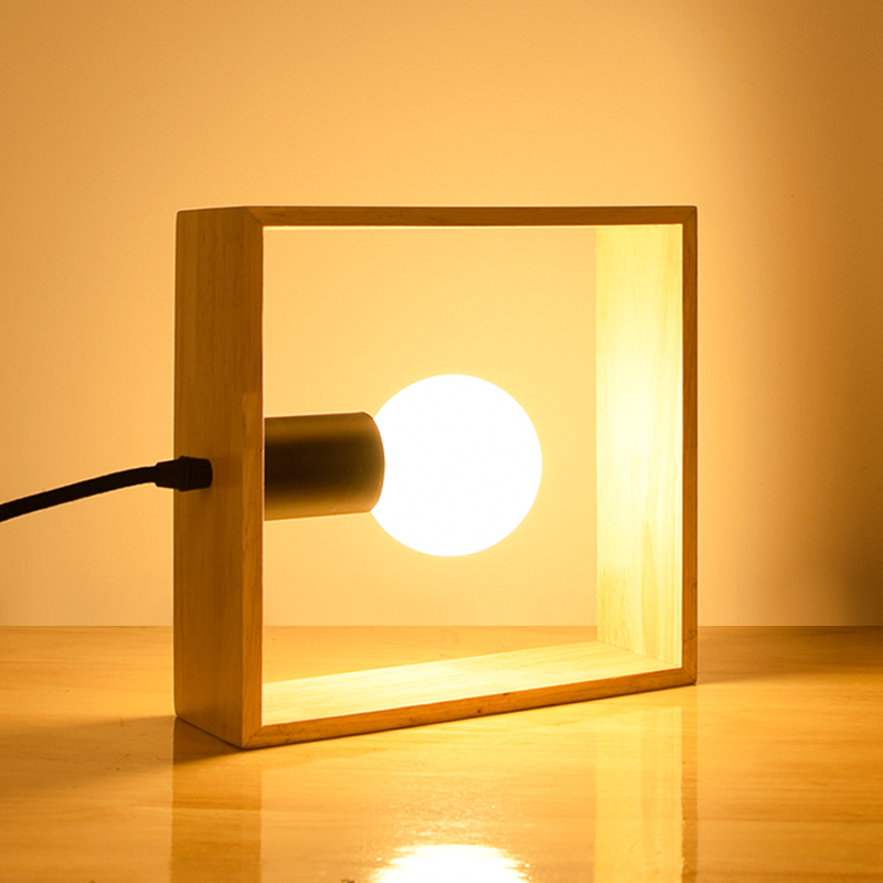 Solid Wood Study Desk Lamp Square Bedroom Bedside Light Nordic Simple Modern Art Warm White LED Table Lamps