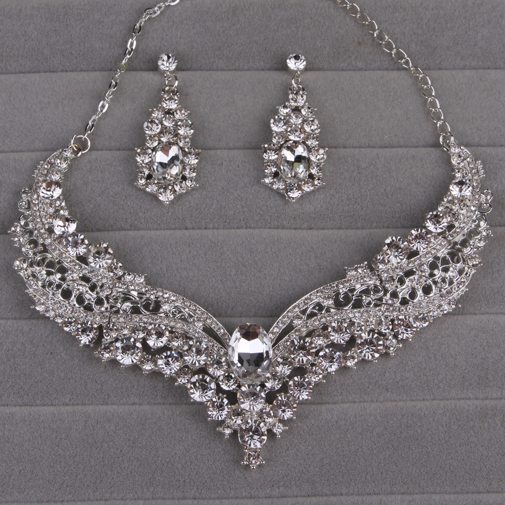 Women Delicate Necklace + Earrings Crystal Wedding Party Bride Necklaces Earring Jewelry 401