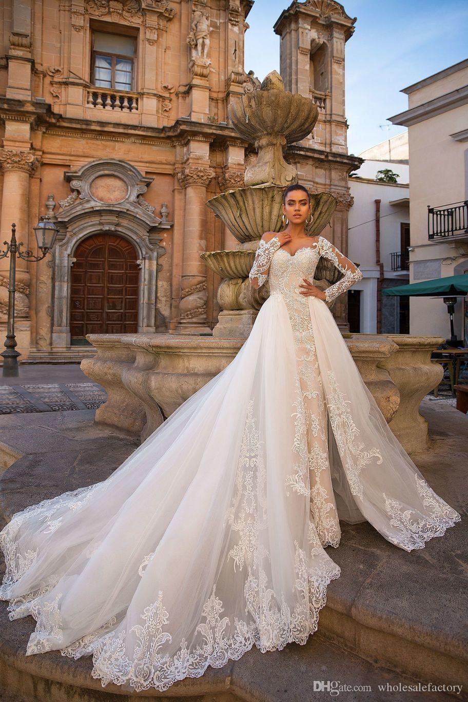 Champagne Lace Mermaid Wedding Dresses 2020 Sheer Tulle Long Sleeves Sweep Train Wedding Bridal Gowns robes de mariée With Detachable Skirt