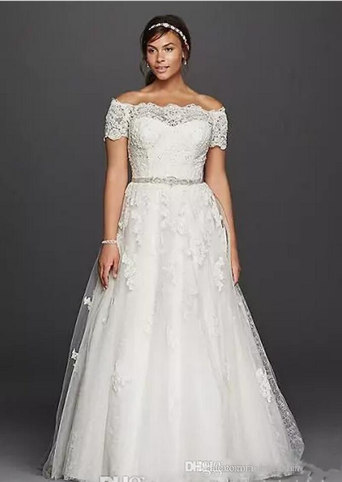 Oleg Cassini Modest Wedding Dresses Long Country Style Lace Appliques Beaded Sash Short Sleeve Floor Length Garden Bridal Gowns