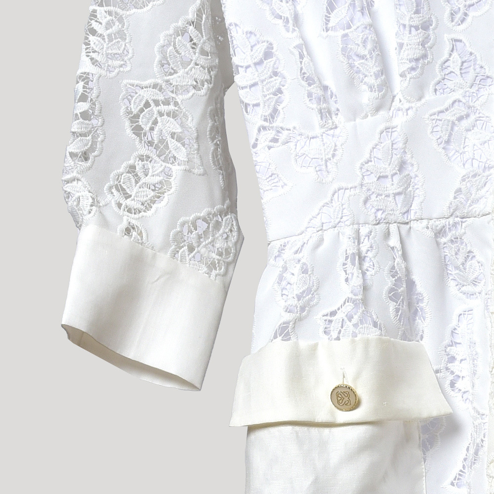 2020 Spring Summer 4/5 Sleeve Lapel Neck White Floral Print Embroidery Buttons Mid-Calf Dress Women Fashion Dresses W1815068