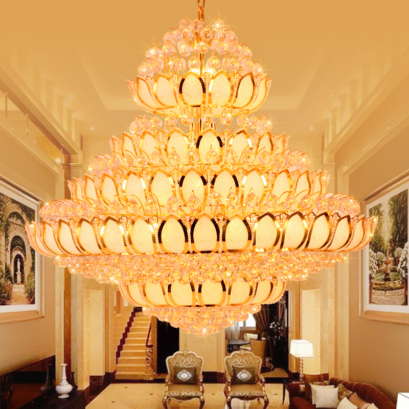 LED Light Modern Crystal Chandeliers Golden Lotus Flower Chandeliers Lights Fixture Gold Hotel Villa Home Temple Big Hanging Lamp European Indoor Ligh