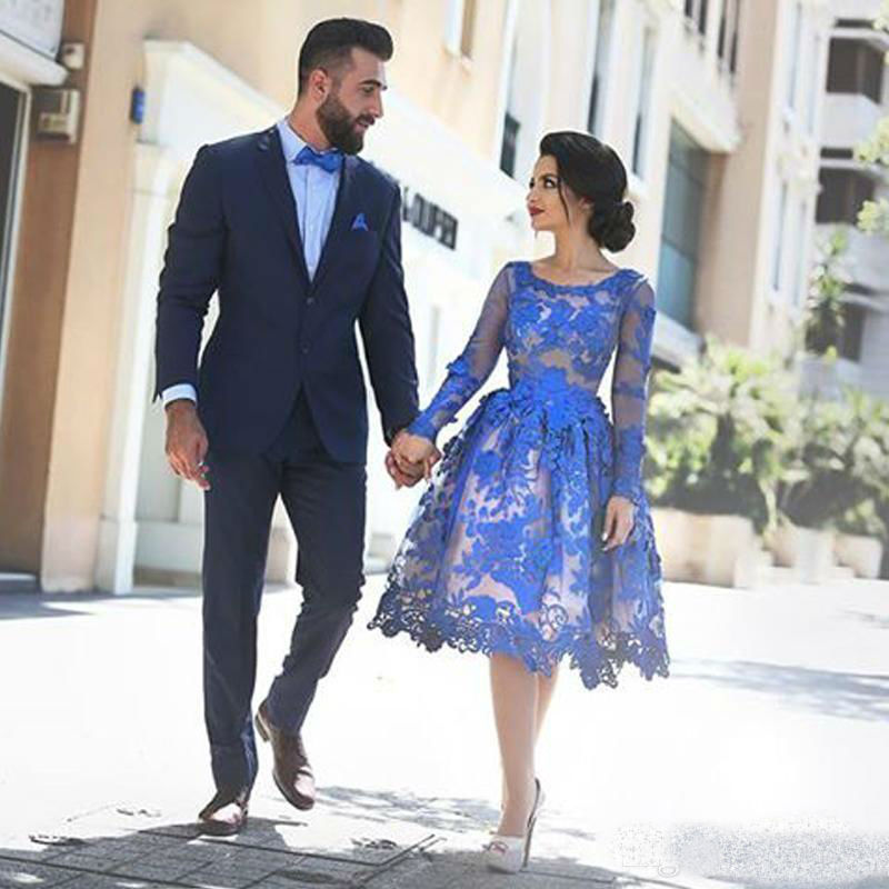 2019 Royal Blue Lace Applique Short Prom Dresses Illusion Long Sleeve Cocktail Party Dresses Knee Length Homecoming Prom Gowns vestidos