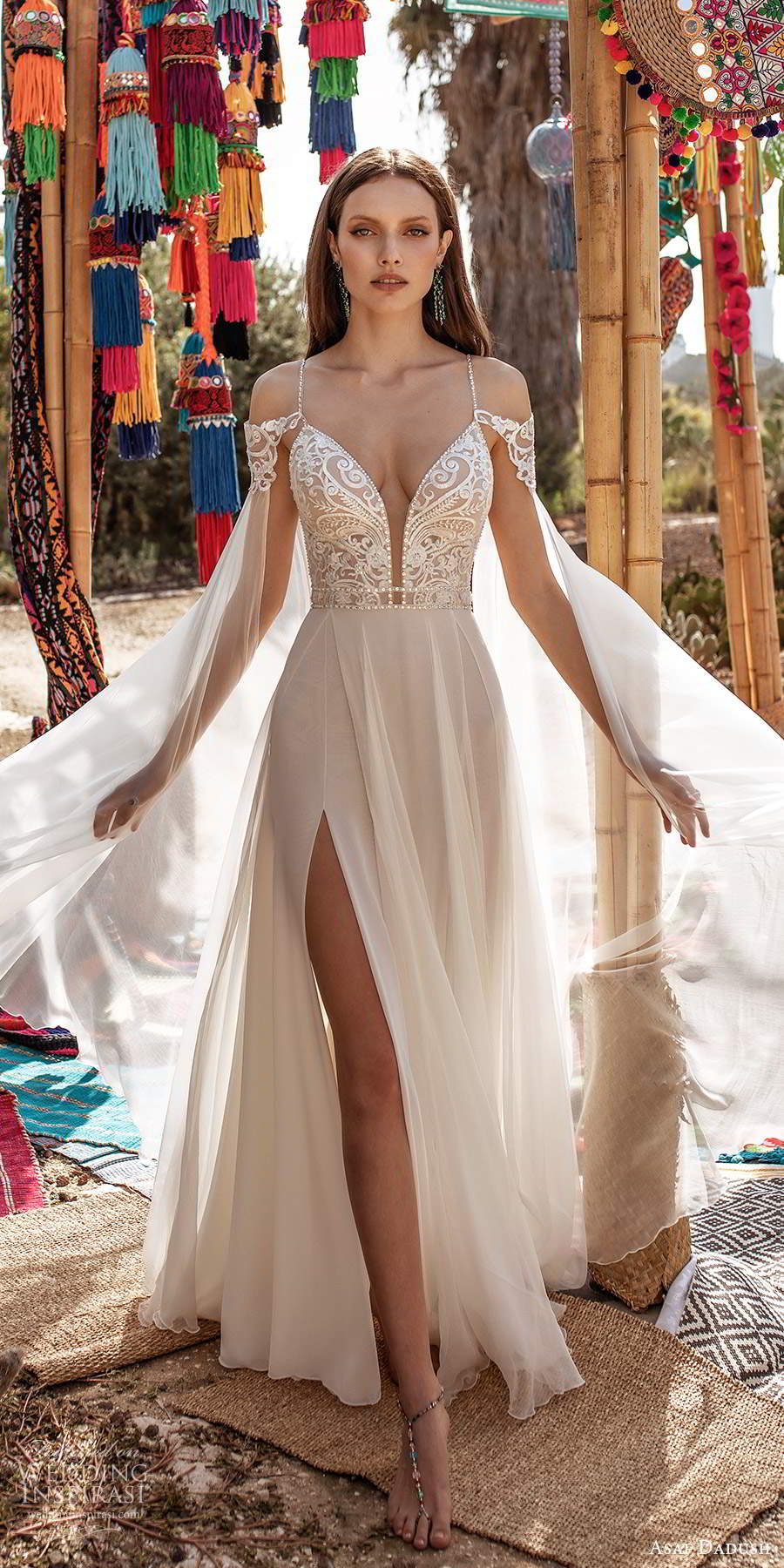 Asaf Dadush Boho Wedding Dresses With Wrap Cape Spaghetti Lace Appliques Beads A Line High Side Split Wedding Dress Chiffon Bridal Gowns