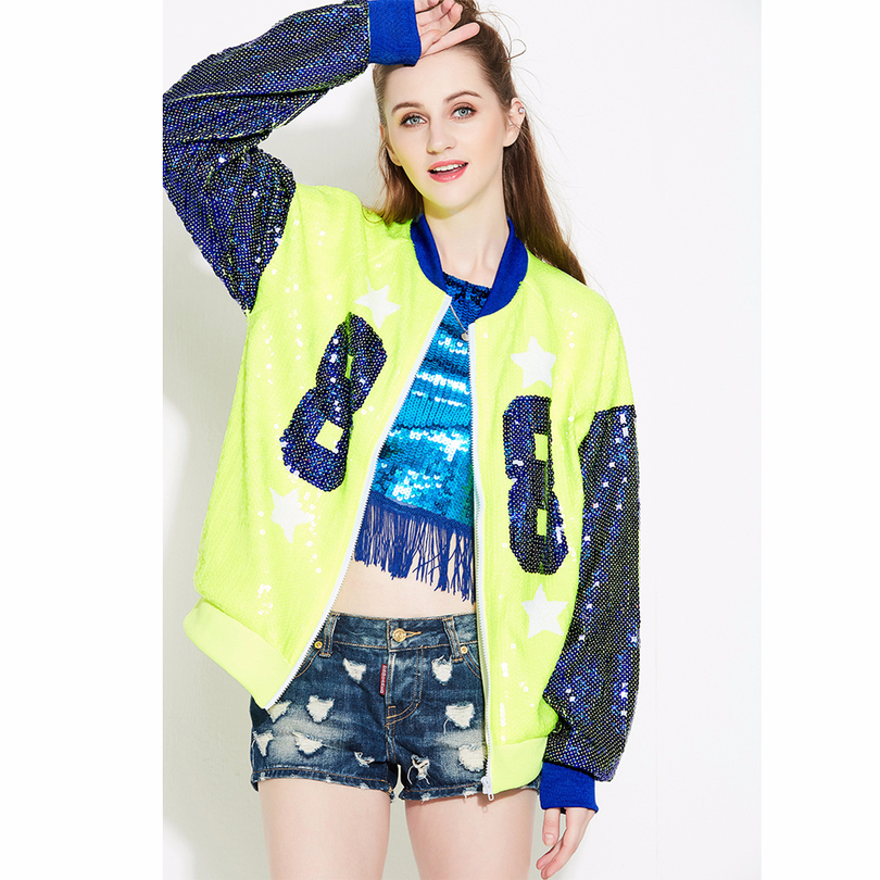 Streetwear Casual Oversized Loose Hip-Hop Logo Sequined Bomber Jacket Clubwear Women Long Sleeve Front Zipper Sequin Coat