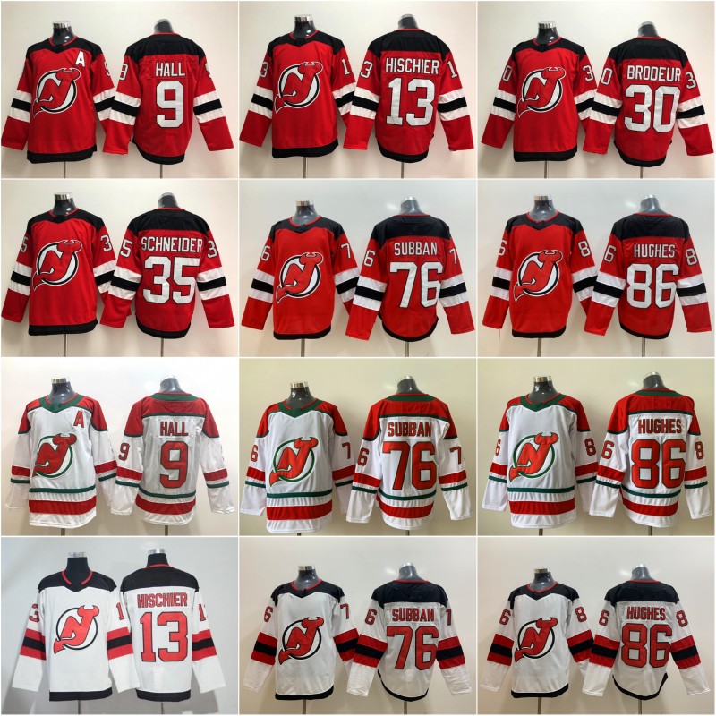 

2020 New Jersey Devils Ice Hockey 86 Jack Hughes 76 PK Subban 35 Cory Schneider 13 Nico Hischier 30 Martin Brodeur 9 Taylor Hall Jerseys, Black;red
