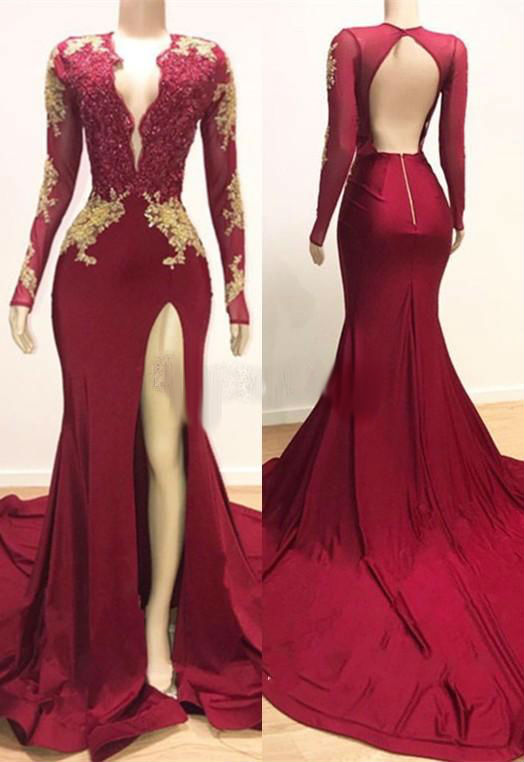 Red Mermaid Prom Dresses Deep V Neck Sheer Long Sleeve Lace Appliqued Evening Gowns High Split Beaded Cocktail Party Dresses Vestidos