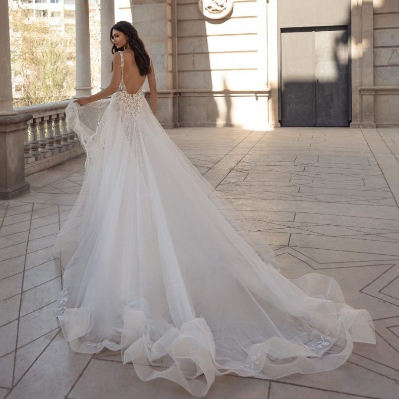 Mermaid Chic Backless Wedding Dresses With Detachable Train Sheer Plunging Neck Beaded Bridal Gowns Sequined Tulle Appliqued Robes De Mari E