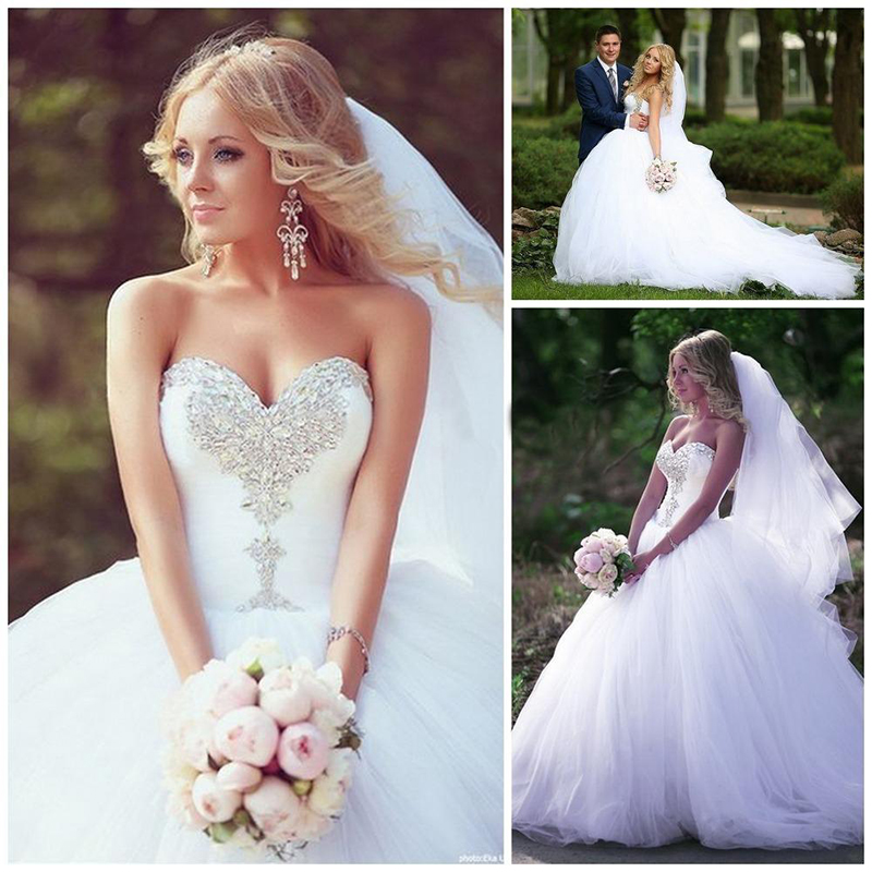 Ball Gown Princess Wedding Dresses Sweetheart Sleeveless Beaded Rhinestone Ruffles Chapel Train Tulle Bridal Gowns Custom Made
