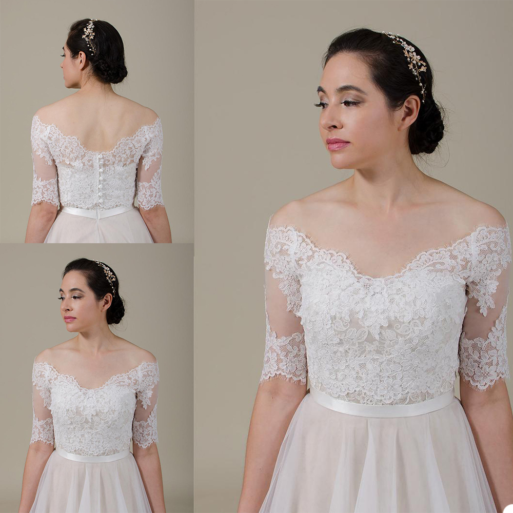 Vintage Bridal Jackets Off Shoulder Half Sleeve Bolero Wedding Top Lace Appliques Custom Made Button Back Bridal Accessories, Ecru white
Vintage Bridal Jackets Off Shoulder Half Sleeve Bolero Wedding Top Lace Appliques Custom Made Button Back Bridal Accessories, Ecru white