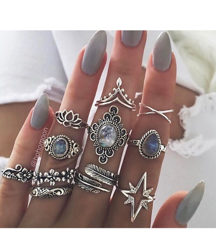 Knuckle ring set retro diamond carved starry gemstone 11 piece set boho can be superimposed ring female silver