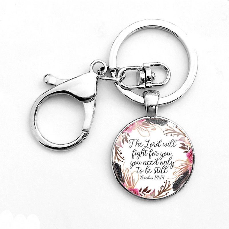 Classic Psalm Quote Key Chain Bible Verse Jewelry Fashion Glass Dome Flower Letter Christian Jesus God With US KeyChain