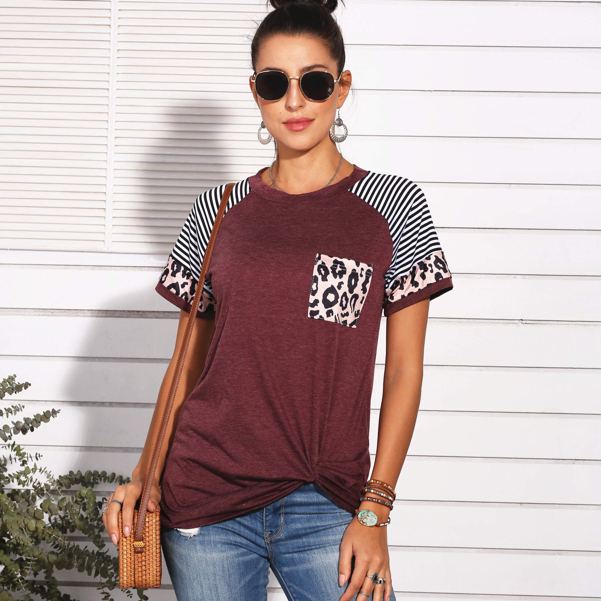 Fashion Women Casual Short Sleeve Summer T-shirt Leopard Stripes Stitching T shirt Top Tees Femme Ladies Tshirt Clothes Soft