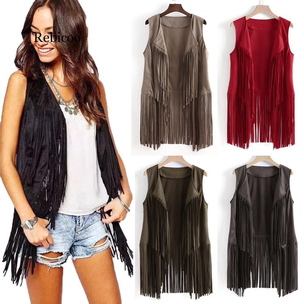 Waistcoat Jacket Women Autumn Winter Suede Ethnic Sleeveless Tassels Fringed Vest Cardigan Retro Faux Suede Tassel Vest Female, Black
