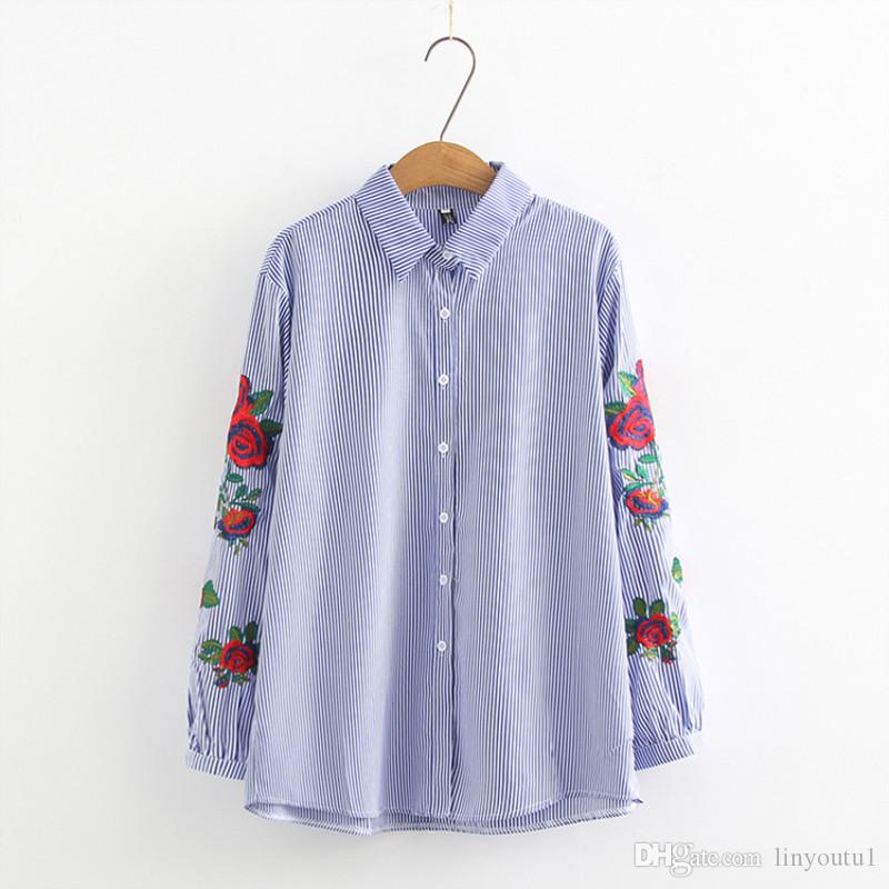 2020 Ih long sleeve rose flower embroidery; White Striped Blouse Women Casual Tops Kimono Office Women Blouses 2019 Spring Plus Size 4XL