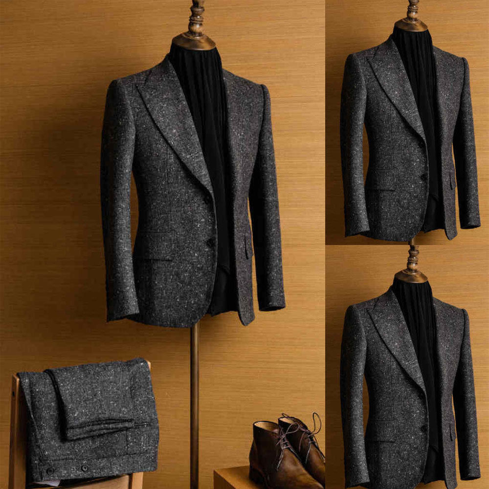 Autumn Winter Wool Mens Suits Vintage Blend Dark Gray Groom Tuxedos Custom Made Mens Slim Fit Suits(Jacket+Pants)