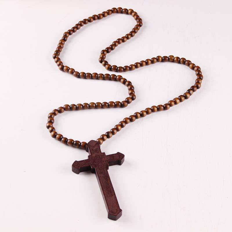New Wooden Cross Pendant Necklaces Christian religious Wood crucifix Charm beaded chains For women Men Fashion Jewelry Gift