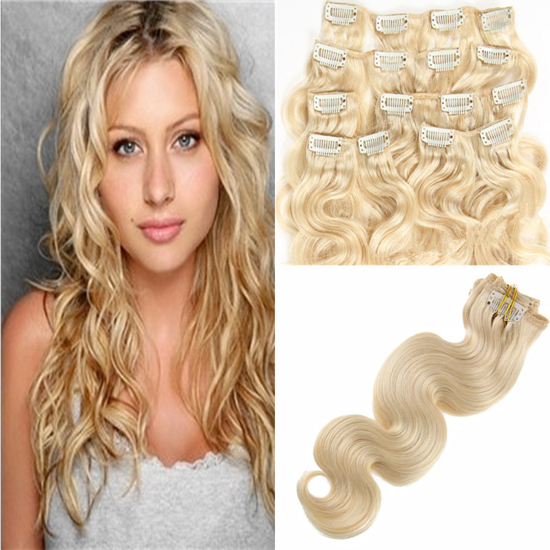 Clip in Hair Extensions Real Human Hair 16 Inch 7pcs wavy Dirty Blonde to Bleach Blonde Highlight Hair Extensions Clip ins Thick Double Weft от DHgate WW