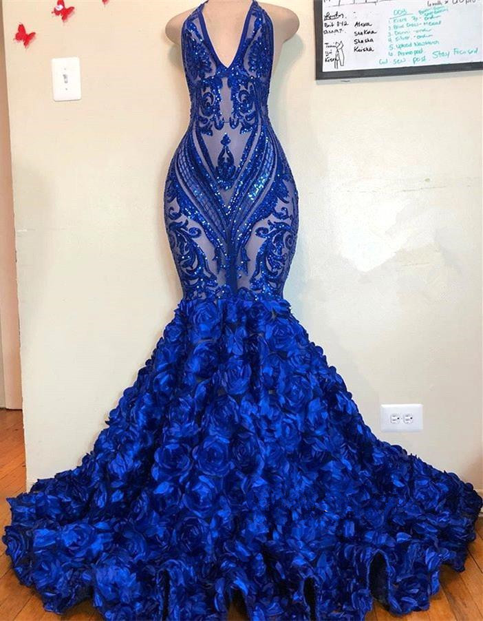 Royal Blue Halter Lace Mermaid Long Prom Dresses 2019 V Neck Sequins Illusion 3D Floral Sweep Train Formal Party Evening Gowns BC1368