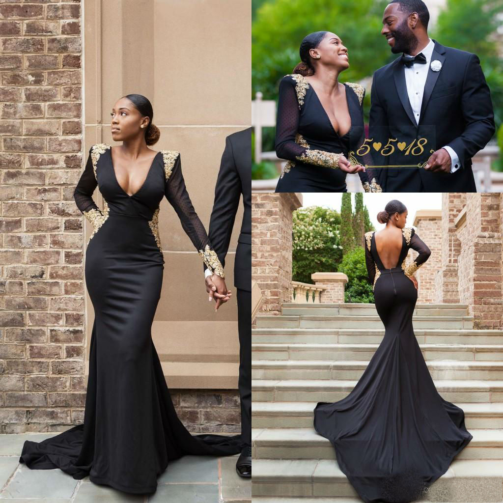 South Arabic Black Prom Dresses With Deep V Neck Sheer Long Sleeves Gold Appliques Sequined Mermaid Formal Evening Party Gowns
