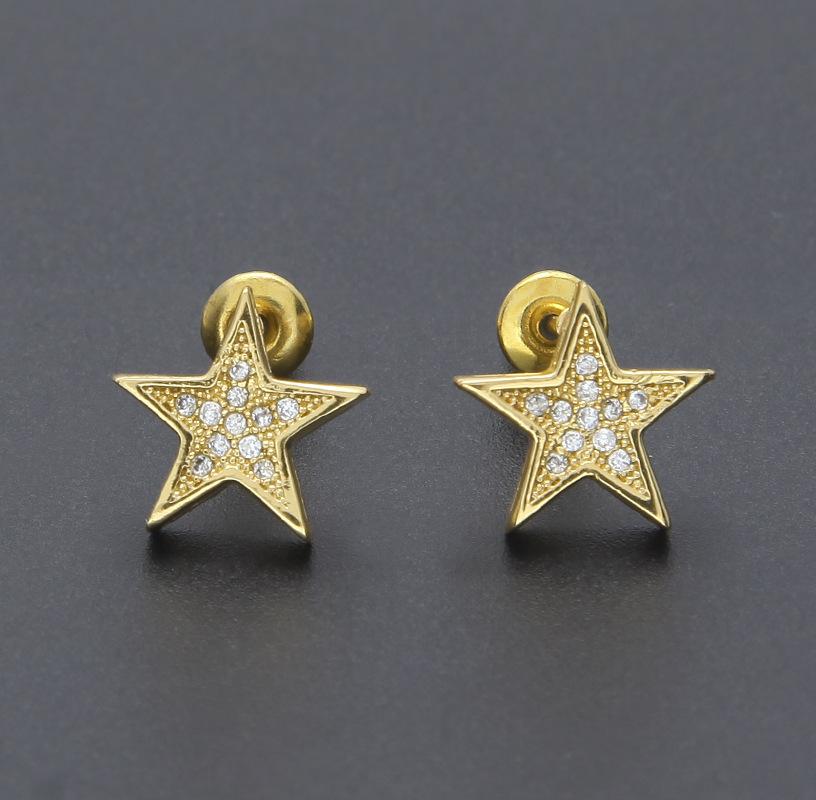New Gold Bling Diamond Mens Hip Hop Pentagram Earring Studs Personalized Iced Out Zirconia Stud Earrings Rapper Jewelry Gifts for Men Women