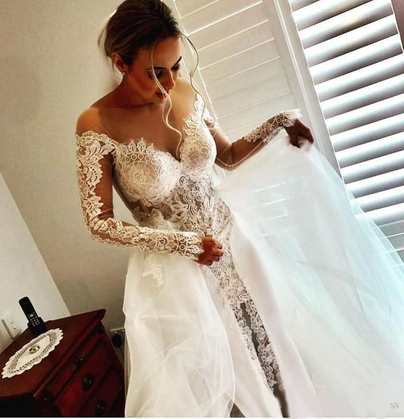 Sexy Sheer Neck Lace Bohemian Wedding Dresses With Detachable Train Appliqued Overskirt Long Sleeve Bridal Gowns Custom Made