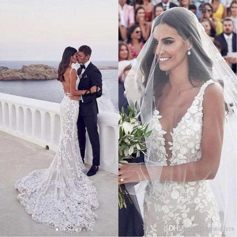 Beach Full Lace Mermaid Dresses Applique Spaghetti Deep V Neck Backless Sweep Train Wedding Dress Bridal Gowns vestidos de novia