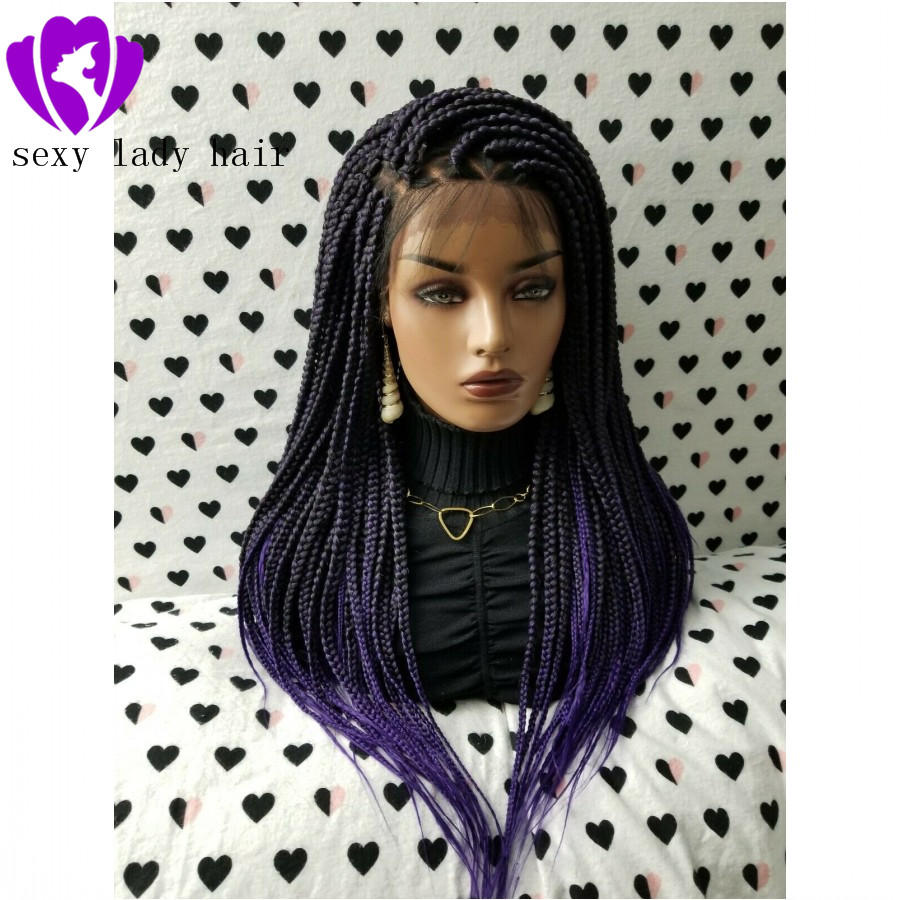 Natural Box Braided Wigs with Baby Hair Dark Roots Ombre purple Hand Tied Heat Resistant Synthetic Braided Lace Front Wigs for Women