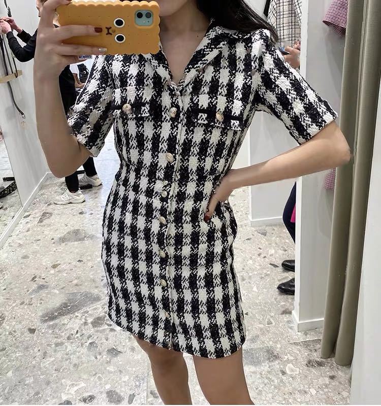 2020 Spring Summer Short Sleeve Notched-Lapel White Black Plaid Print Tweed Buttons Short Mini Dress Women Fashion Dresses W1815062