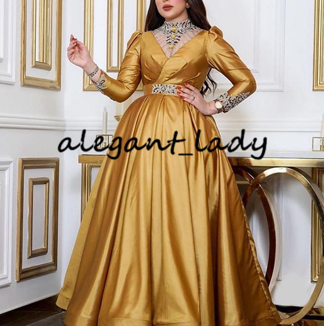 Gold Puffy Skirt Prom Dresses 2020 Arabic Dubai Muslim High Neck Long Sleeve Beaded Crystal Ankle length Evening Wear Gowns
