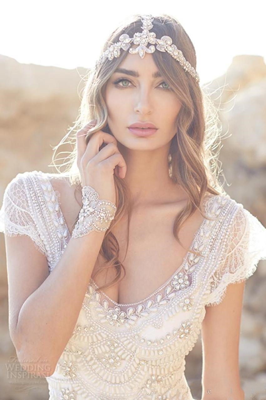 Bohemian Beach Wedding Dresse Bridal Gowns Chiffon Bling Beaded Crystal Cap Sleeve Boho Ivory Lace Wedding Dress Vestido De Novia