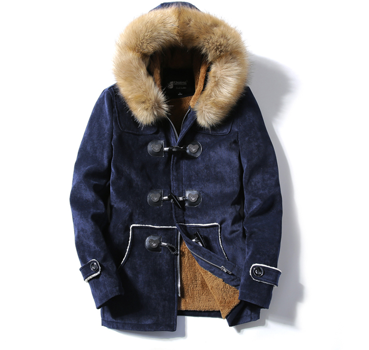 Men's Down Autumn And Winter Fur Collar Horn Buckle Velvet Leather Coat Long Section Slim Thick Warm Youth Cotton Jacket BY261