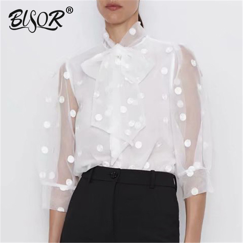 Women elegant bow collar polka dot embroidery blouse women chic perspective white chemise shirt three quarter sleeve tops, Black
Women elegant bow collar polka dot embroidery blouse women chic perspective white chemise shirt three quarter sleeve tops, Black