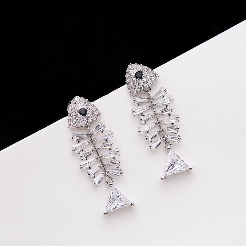 Shiny Bling Full Fish Skeleton S925 Silver Needle Dangle Drop Earrings White Zircon Gold Plated Earring Jewelry Wholesale