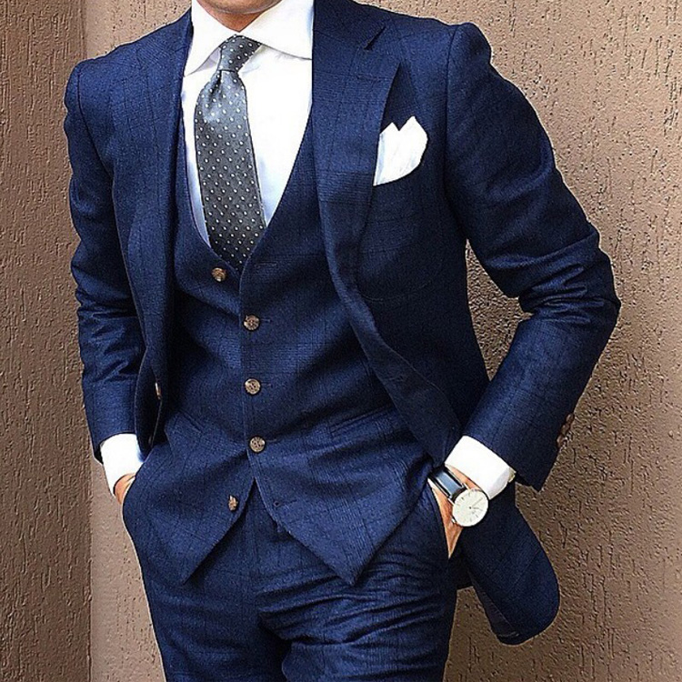 2019 Hot Sale Men Wedding Tuxedos Navy Blue Three Pieces (Jacket+Vest+Pants) Groom Wear Custom Made Blazer