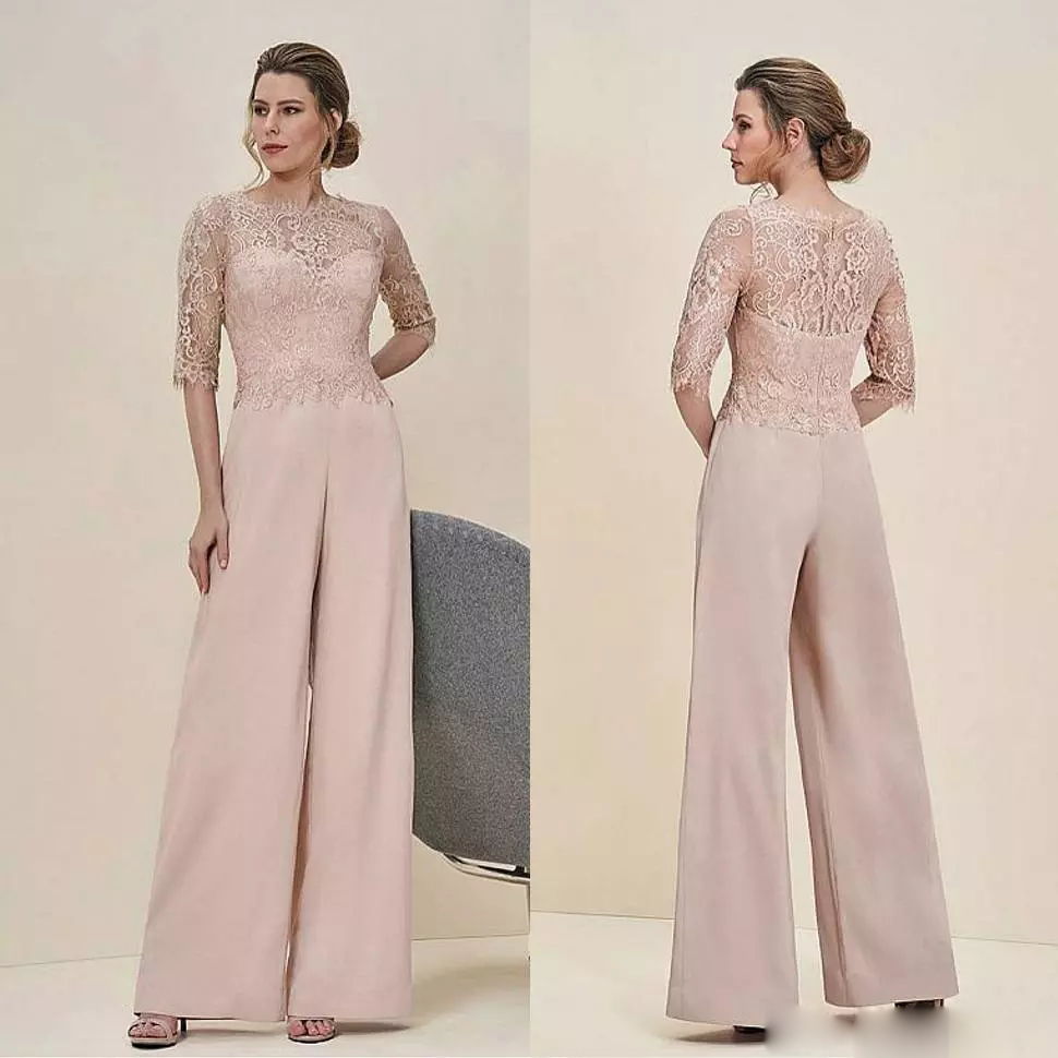 Fashion Mother Of The Bride Dresses Jumpsuits Jewel Neck Lace Half Long Sleeve Wedding Guest Dess For Mother Plus Size Evening Gowns