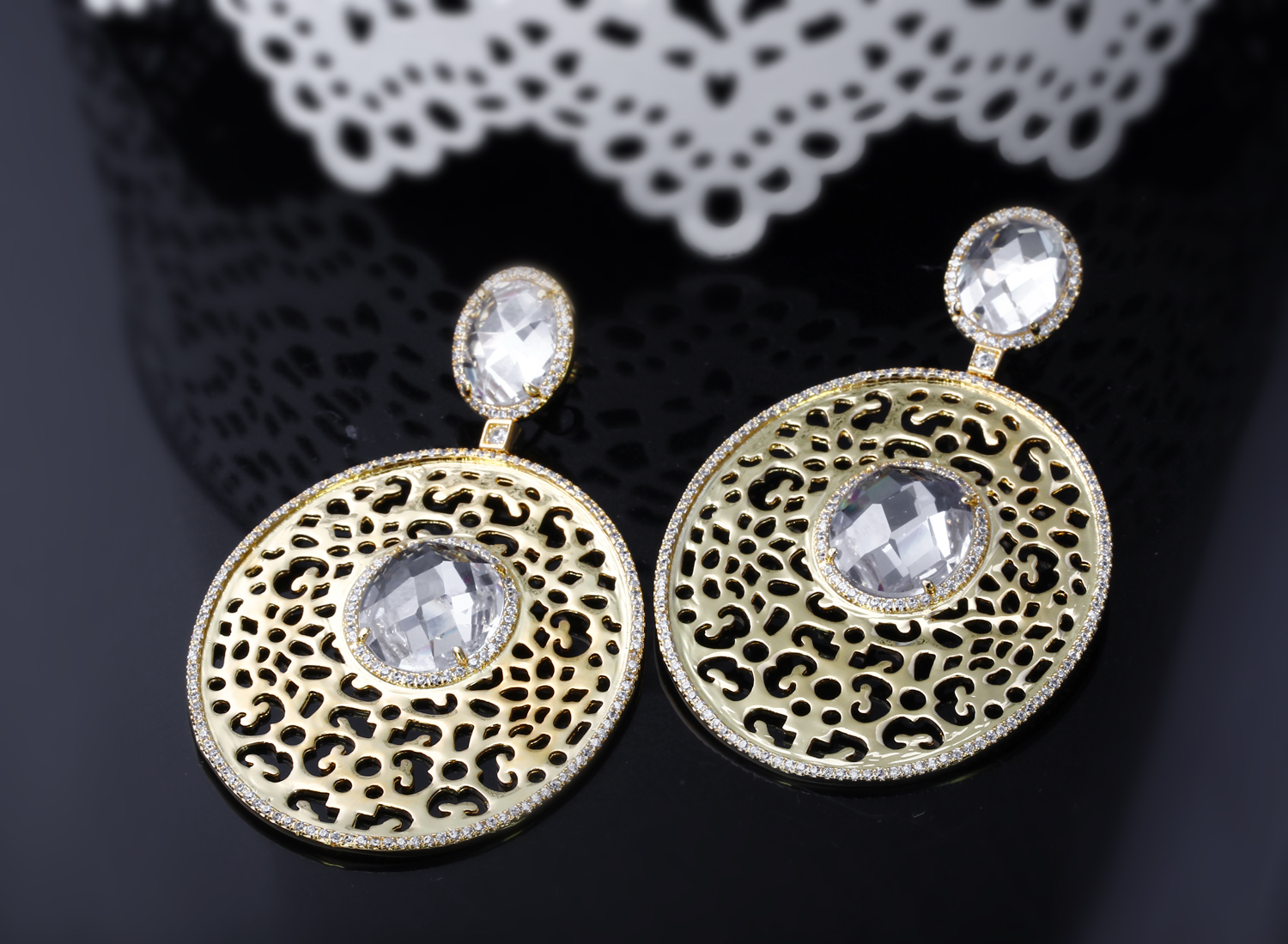 Fashion-gold plate earrings long oval design earrings for party high quality cubic zirconia earrings white gold filled jewelry
