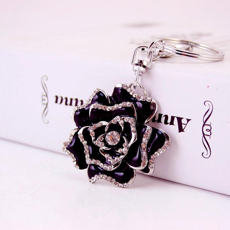 Peony Flower Pendant Key Chain Enamel Alloy Rhinestone Paved Bag Keychain Holder Beauty Floral Metal Car Keys Ring Charms Jewelry Gift Keyring Accesso