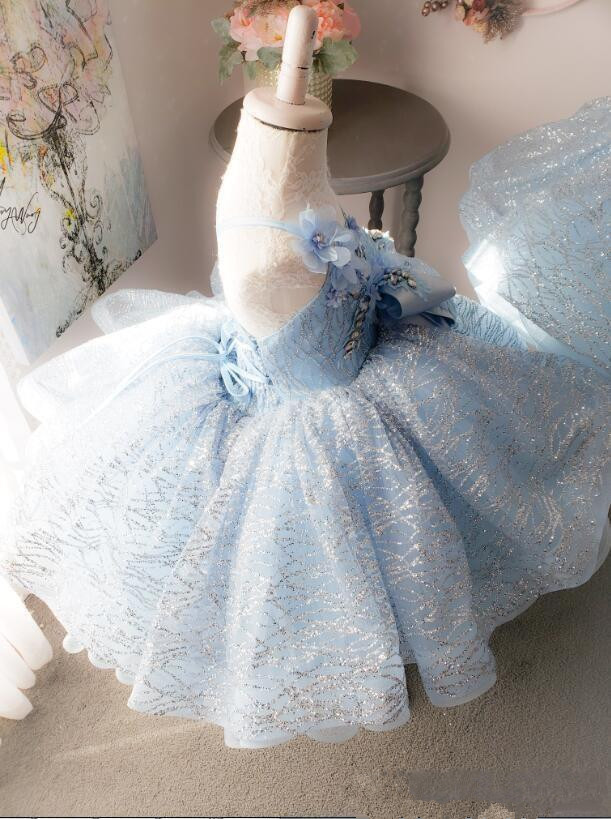 glitter tulle flower girl dresses light blue sequine first communion gowns for little girl ball gown princess girls pageant dresses