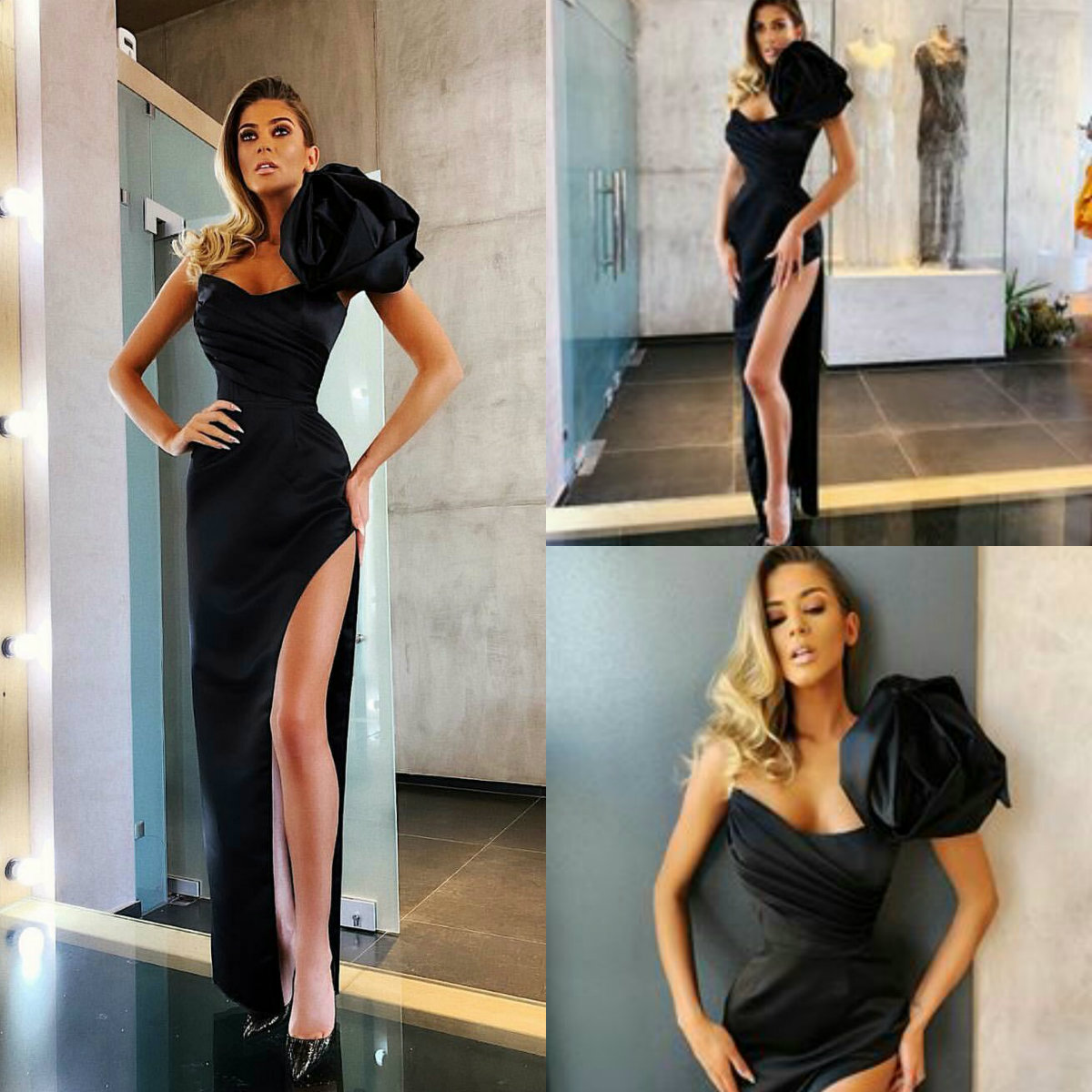 Black Side Split Sexy Prom Dresses Sweetheart Satin Ruffles Floor Length Cheap Evening Gowns Custom Made Party Gowns