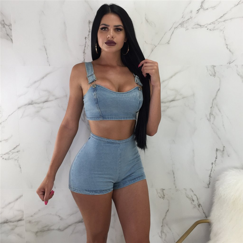 Adogirl Women Denim Two Piece Set Strapless Spaghetti Straps Zipper Back Crop Top Jeans Shorts Fashion Summer Club Suits Outfits