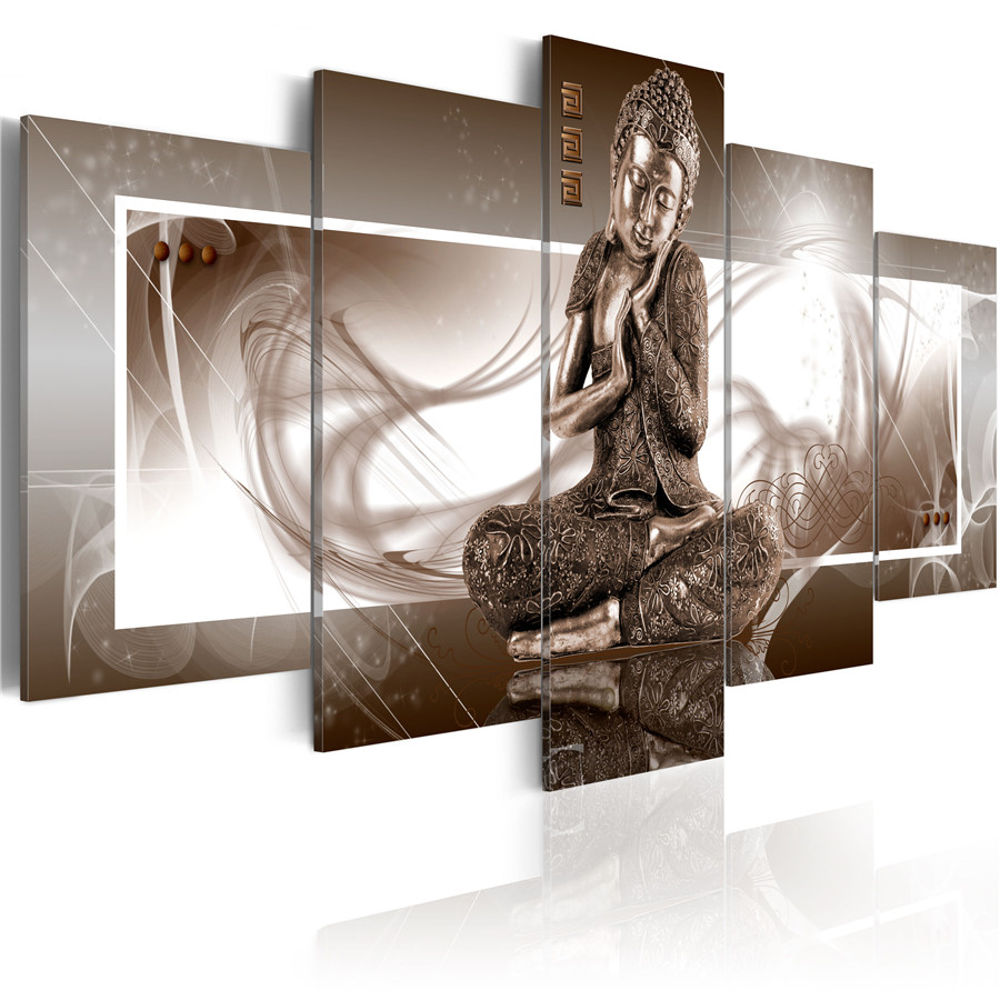 No Frame 5 Piece Buddha Canvas Painting Home Decor Wall Art Picture for Living Room,Choose Color:(Brown,Gold,Purple) And Size:3
