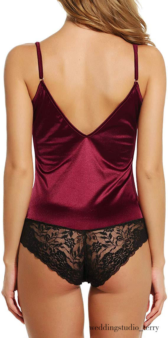 Women Sex Satin Lingerie Bodysuit DeepV Stretch Silky Teddy One Piece Lace Babydoll Short Jumpsuit Pajamas Bridal Romper Sexy Nig5041095