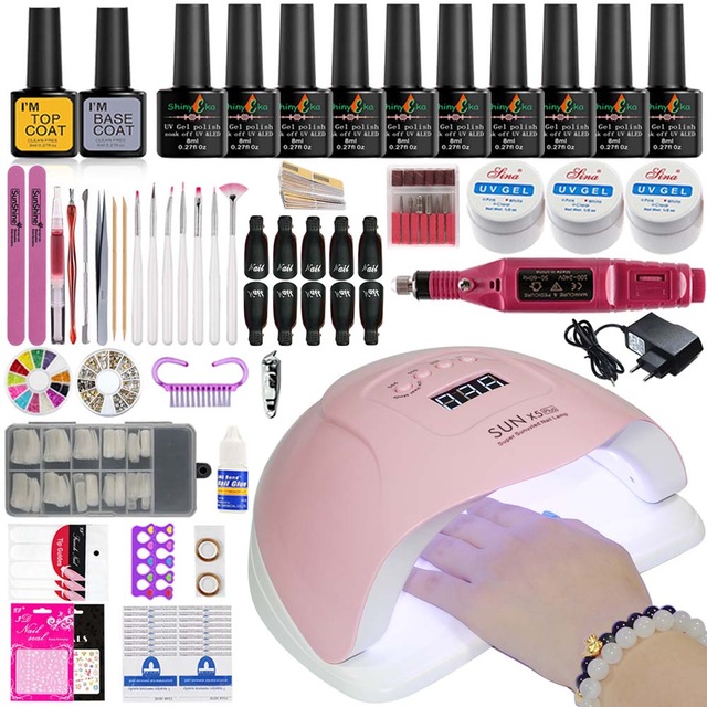 Nail Art Kits Manicure Set Kit Electric Handle Acrylic 36w/54/90w Led Lamp For Nails 10 Polish