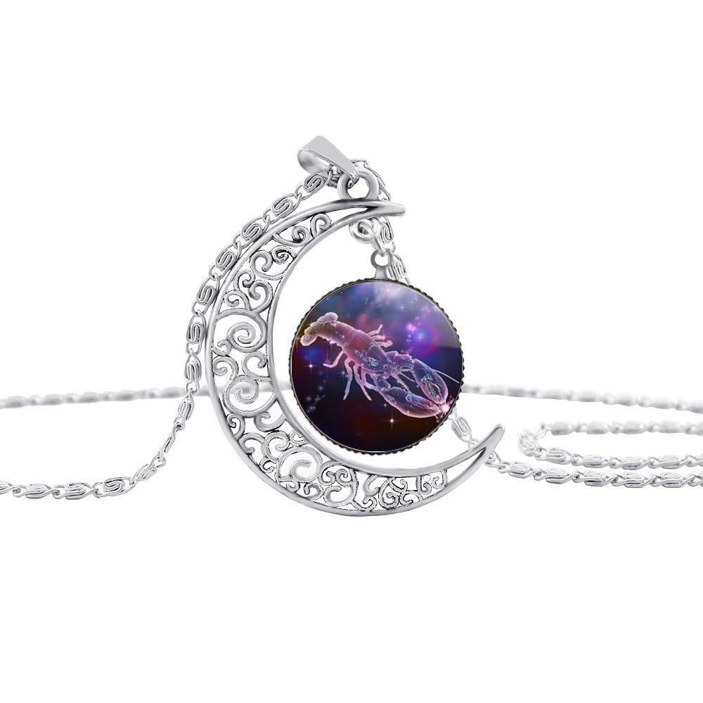 12 zodiac pendant necklaces Hollow Moon cabochons Glass Moonstone constellation starry sky Charm chokers For women s Fashion Jewelry