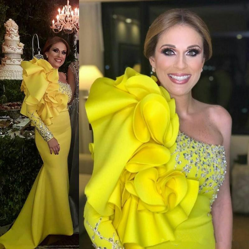 One Long Sleeve Yellow stain Evening Dresses with Ruffles Beaded Crystal Mermaid Prom Dresses Formal Party Gowns