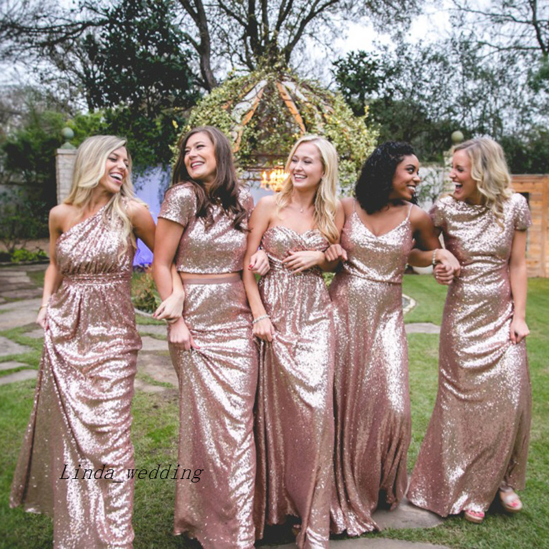 New Arrival Vintage Long Rose Gold Bridesmaid Dress Cheap Western Sequin Sparkly Ruffled Maid of Honor Gown Plus Size Custom Made