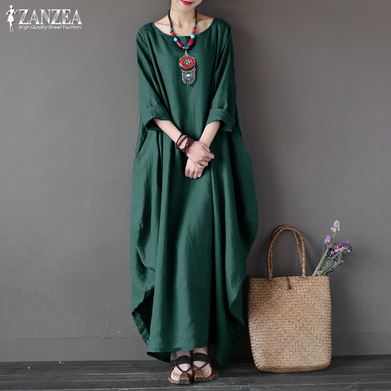 Casual Dresses ZANZEA 2021 Women's Sundress Vintage Linen Long Dress Female Beach Party Maxi Batwing Sleeve Baggy Vestidos Kaftan Robe1