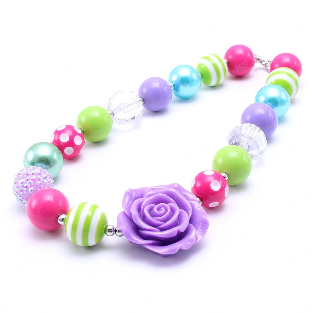 Kids Chunky Beads Necklace Cute Purple Big Flower Girls Chunky Bubblegum Necklace For Party Gift Jewelry Handmade