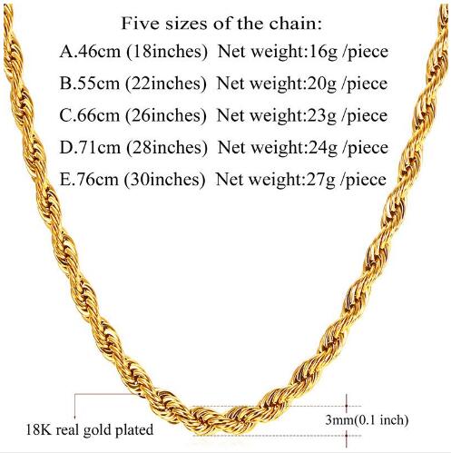 Hip Hop 18K Gold Plated Stainless Steel 3MM Twisted Rope Chain Women's Choker Necklace for Men Hiphop Jewelry Gift in Bulk GB1187